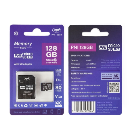MicroSD PNI 128GB mälukaart, SD adapter, Class 10, 80 Mb/s, V30
